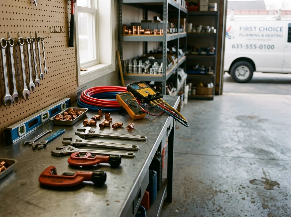 Professional plumbing and heating tools arranged on a work surface, representing the range of services from water heaters to HVAC systems.
