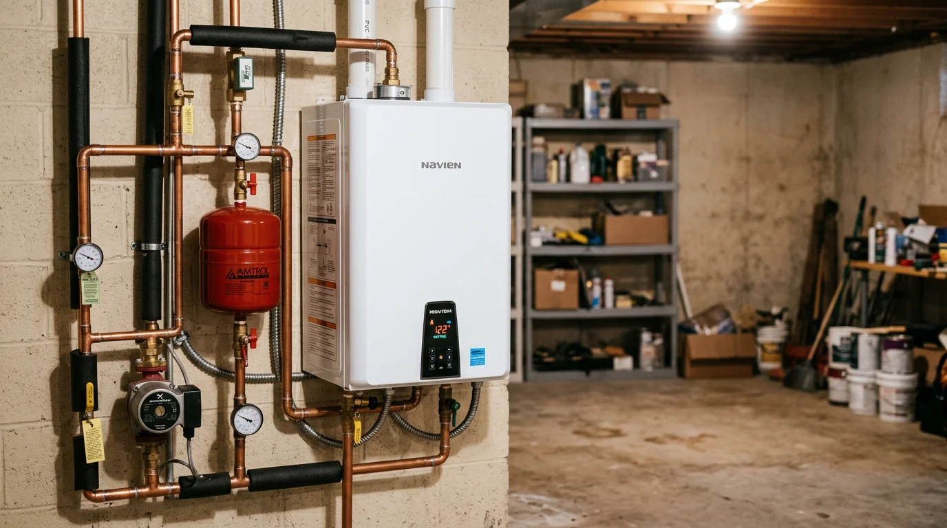 Heating contractor installing a new boiler in a residential basement.