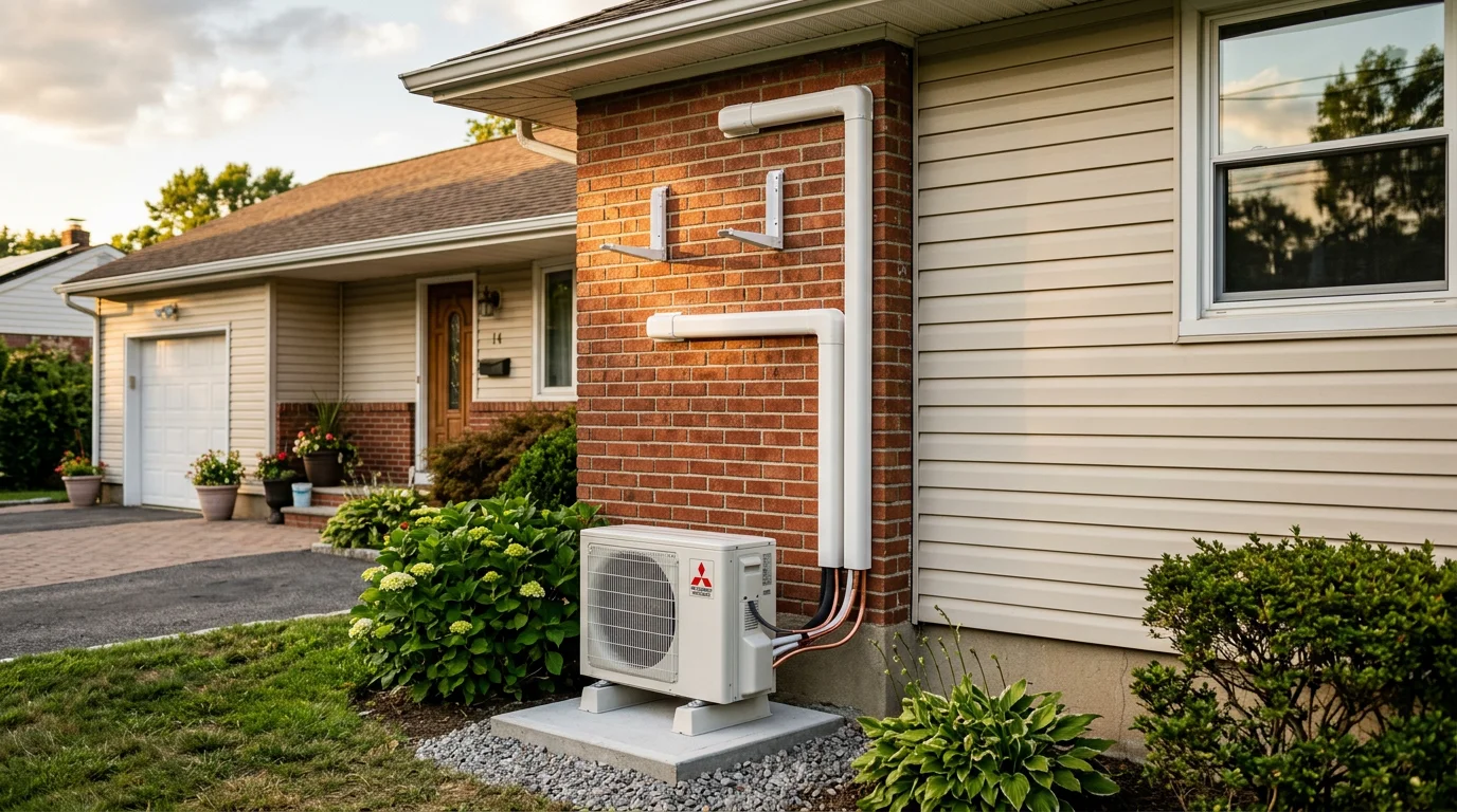 HVAC technician installing a mini-split air conditioning unit in a residential home.