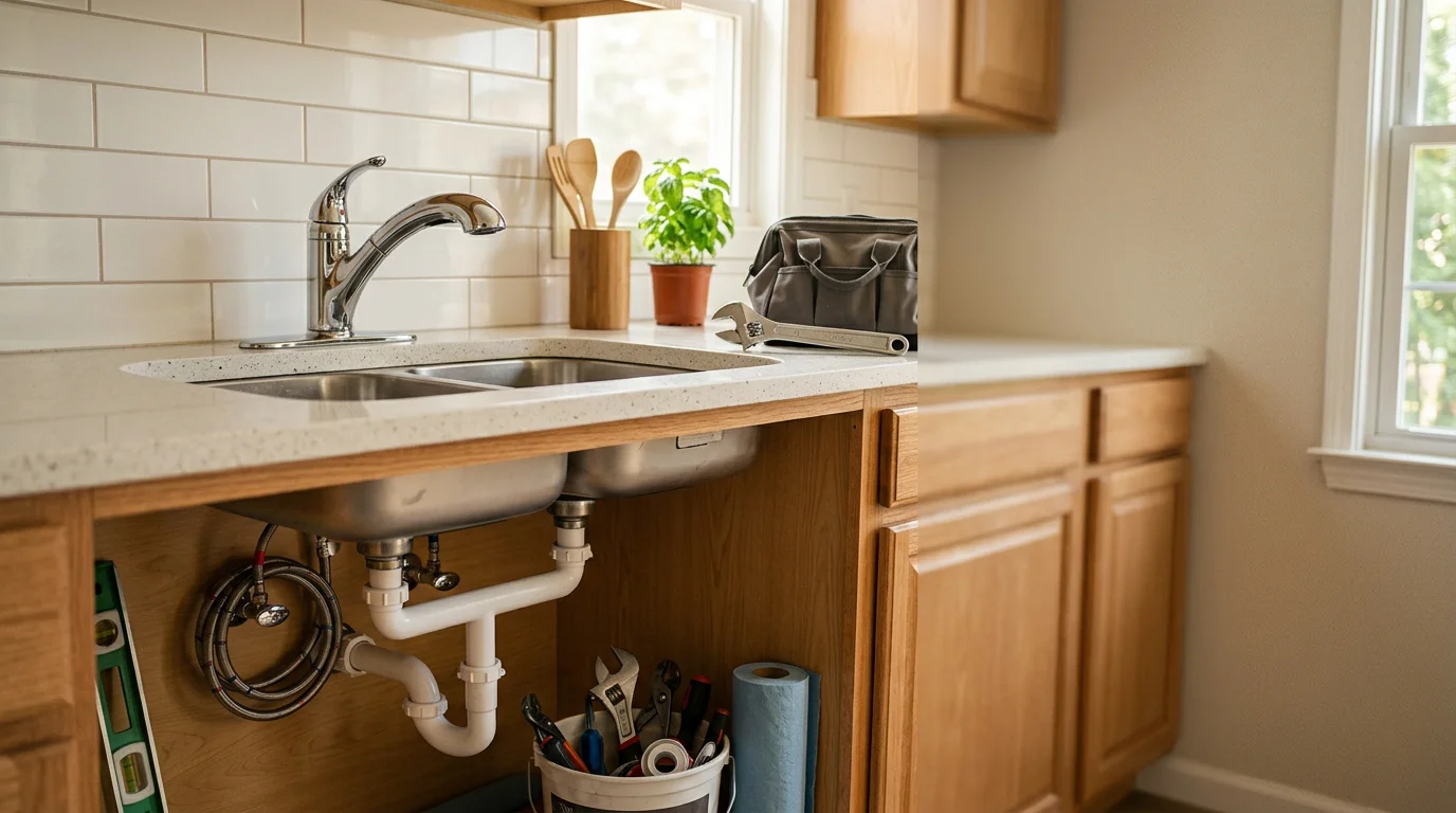 Plumber installing a new faucet in a residential bathroom on Long Island.