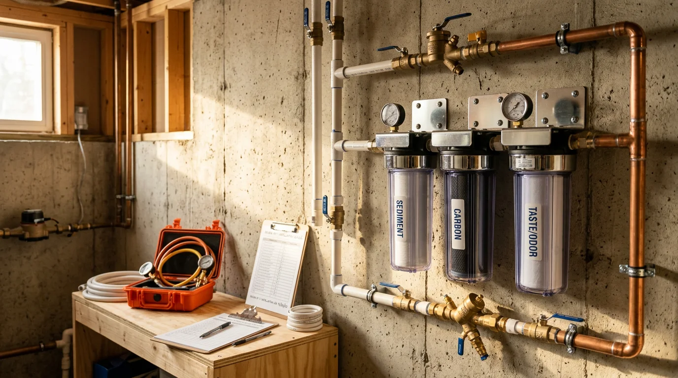 Water filtration system installed under a kitchen sink in a residential home.