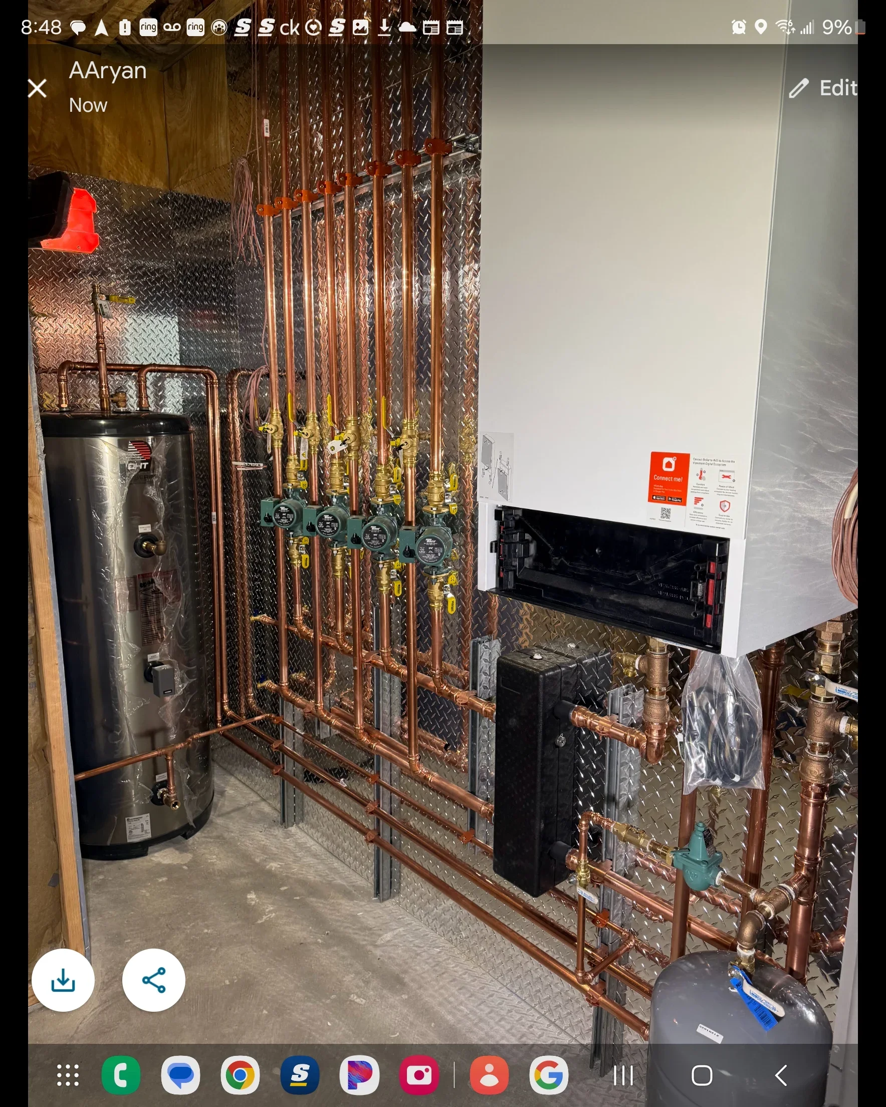 Copper radiant heating manifold with zone valves, water heater, and diamond plate installation