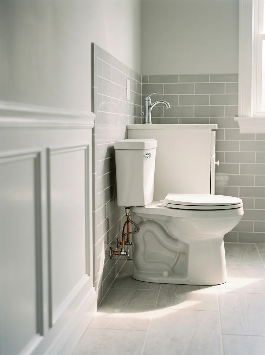 New toilet and faucet installation in a renovated bathroom of a Mount Sinai, NY colonial home, with fresh supply lines and a clean tile floor.