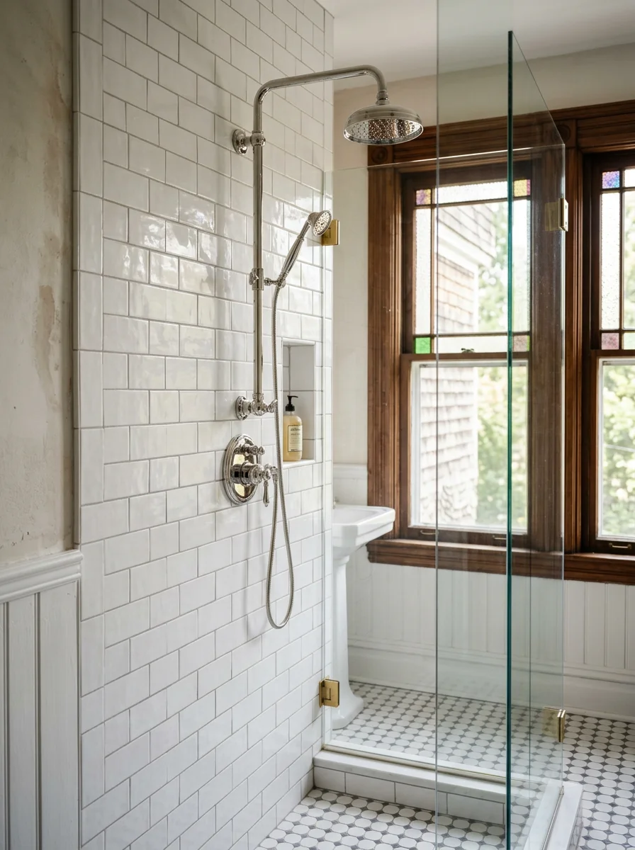 New walk-in shower installation replacing a cast-iron tub in a Port Jefferson, NY Victorian home, with fresh tile and a new shower body fixture.