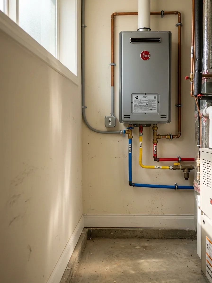 New tankless water heater mounted on the utility room wall of a post-2000 Riverhead, NY subdivision home, with gas and water connections complete.
