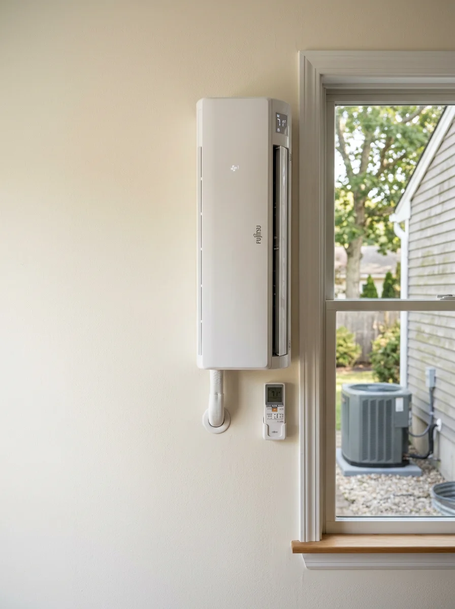 Mini-split indoor air handler mounted on the wall of a Rocky Point, NY ranch home interior, with the outdoor compressor unit visible through the window.
