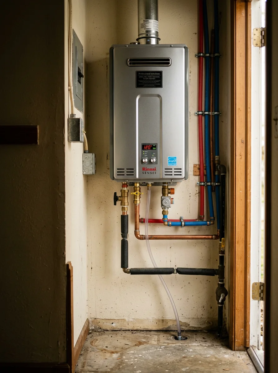 Close-up of a new tankless hot water heater installed in the utility closet of a postwar ranch-style home in Selden, NY.