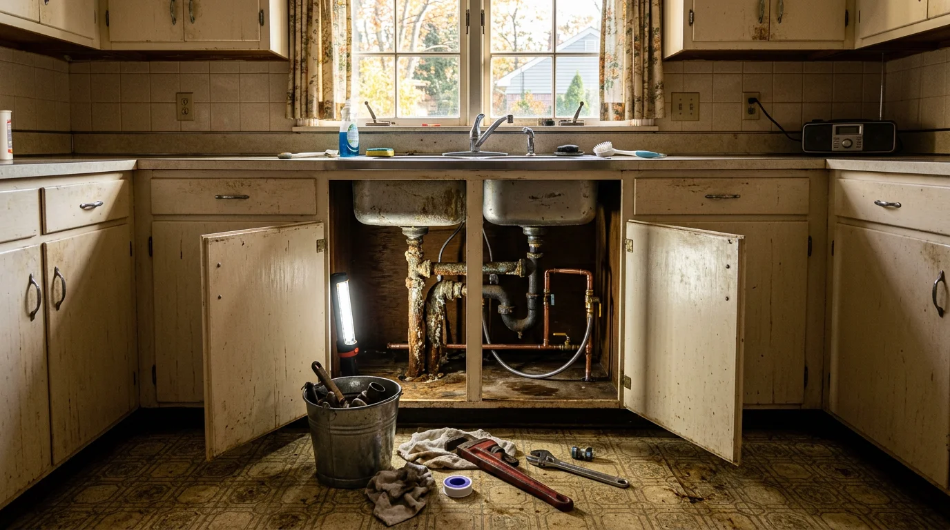 Plumber replacing corroded galvanized water supply pipe beneath the kitchen sink of a 1960s Cape Cod home in Selden, NY.