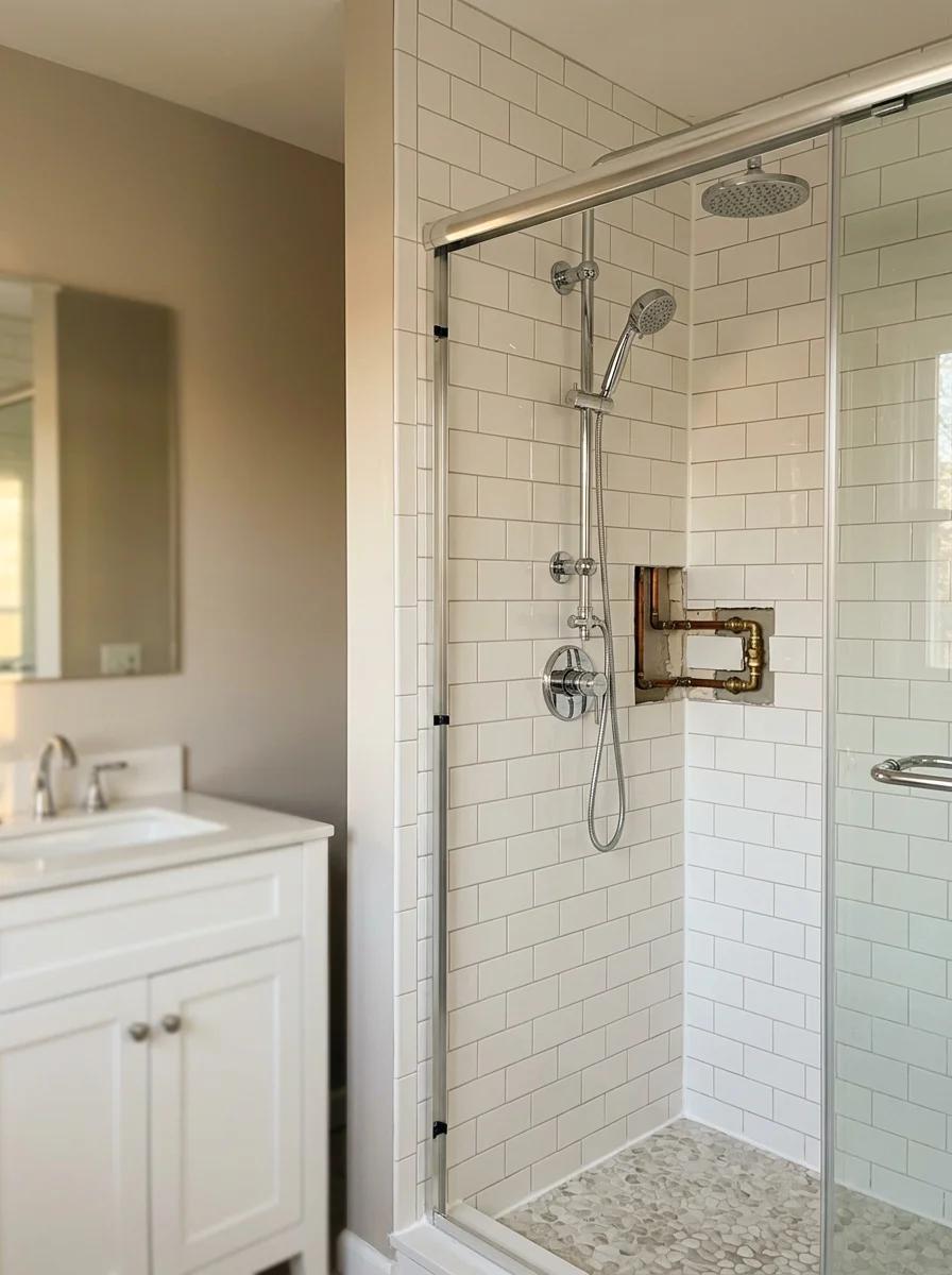 Completed tub to shower conversion in a Setauket, NY postwar ranch home, with a new shower body, tile surround, and fresh supply connections visible.