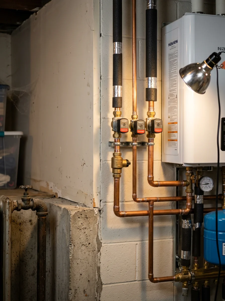 New gas boiler installed against a basement wall in a Smithtown, NY home, with fresh copper piping and zone valves connected.