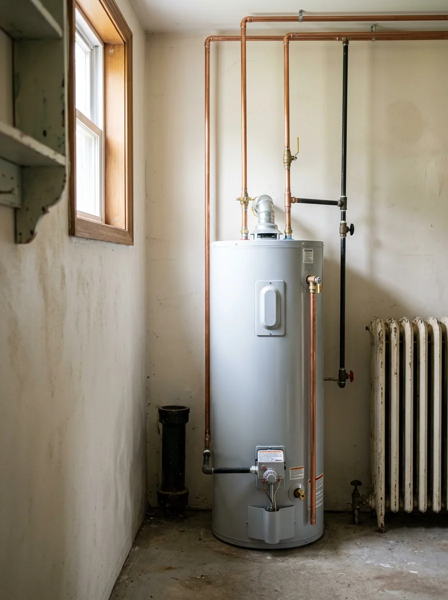 New tank water heater installed in the utility room of a Stony Brook, NY colonial home, with fresh copper supply connections.