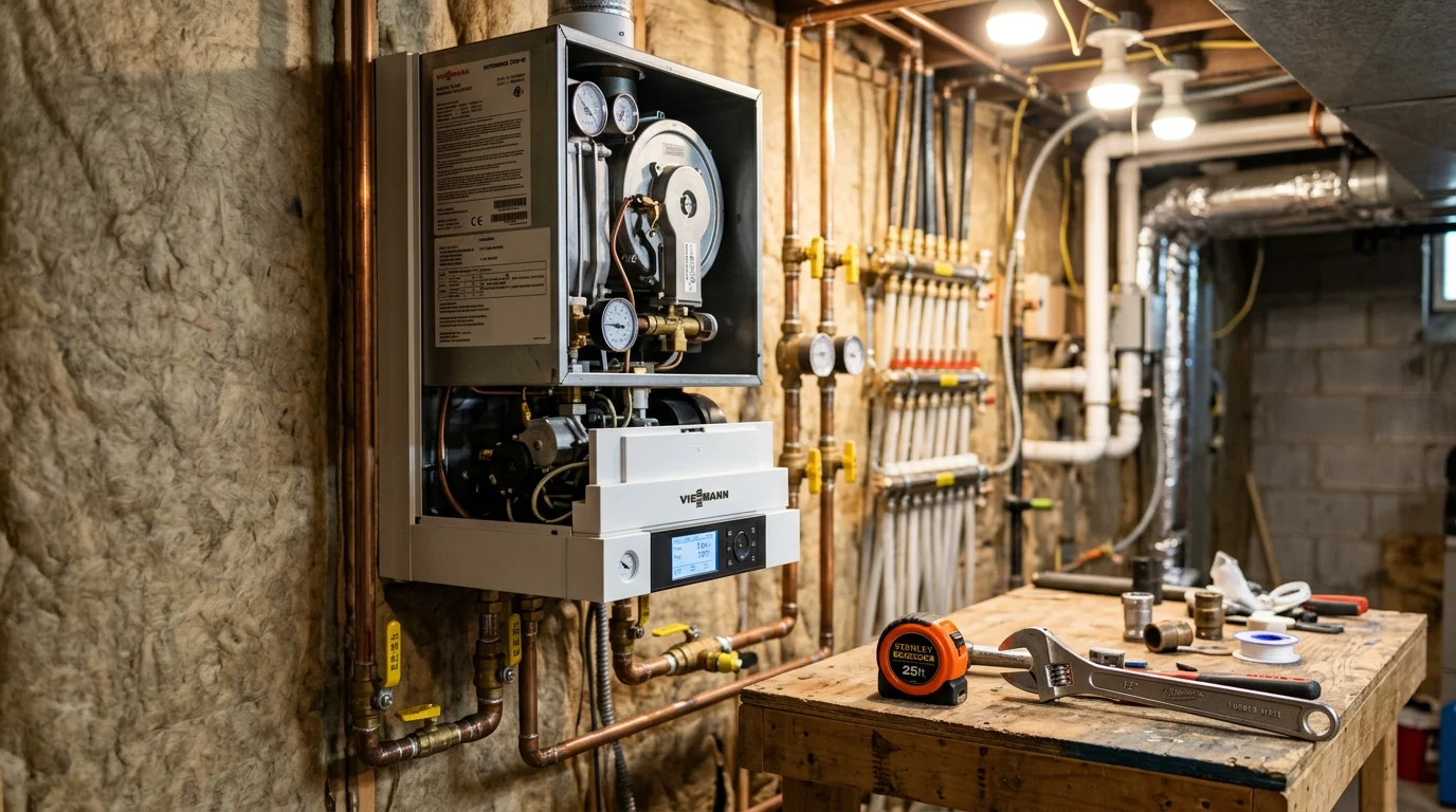 A newly installed residential boiler in a Selden, NY home utility room, with clean copper piping connections and a gas supply line secured to the wall. The installation shows a complete hydronic heating setup ready for a Long Island winter.