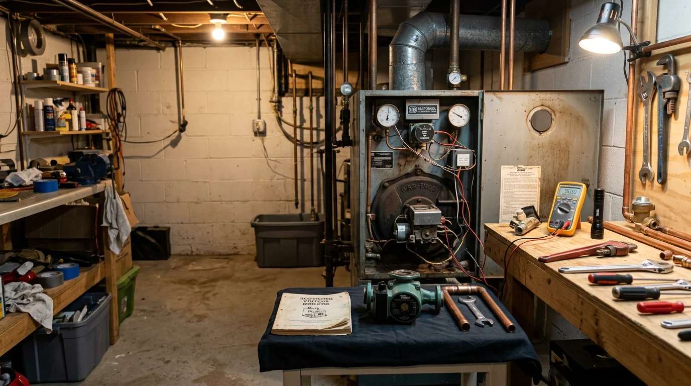 A heating contractor inspecting a residential hot-water boiler in a Suffolk County home basement, checking pressure gauges and zone valve connections during a boiler repair service call in Selden, NY.