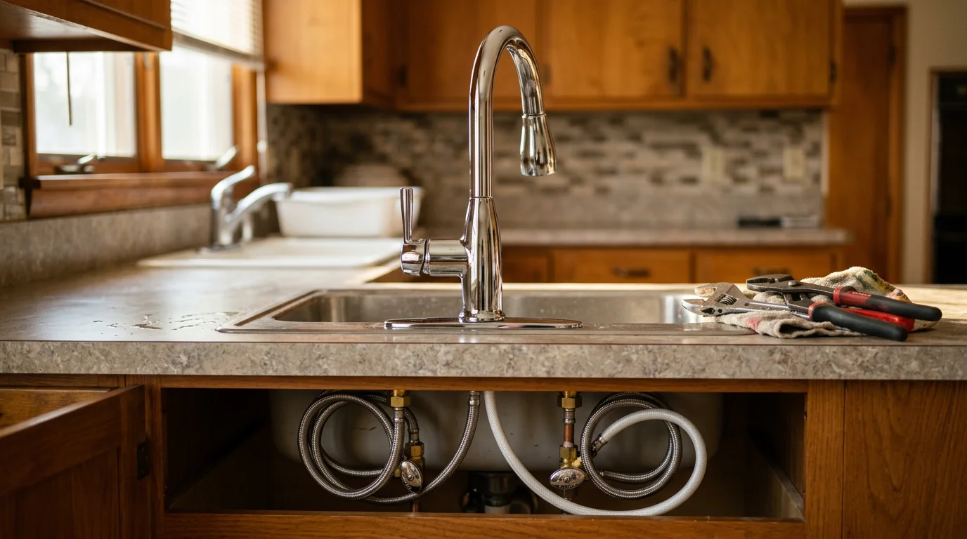 A plumber installing a new kitchen faucet under a sink in a single-family home in Selden, NY, with supply lines and shutoff valves visible beneath the cabinet.