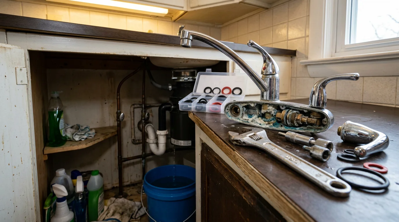 A plumber repairing a dripping kitchen faucet beneath a sink cabinet in a single-family home in Selden, NY. The technician is replacing an internal cartridge on an older fixture with visible mineral deposits around the base.