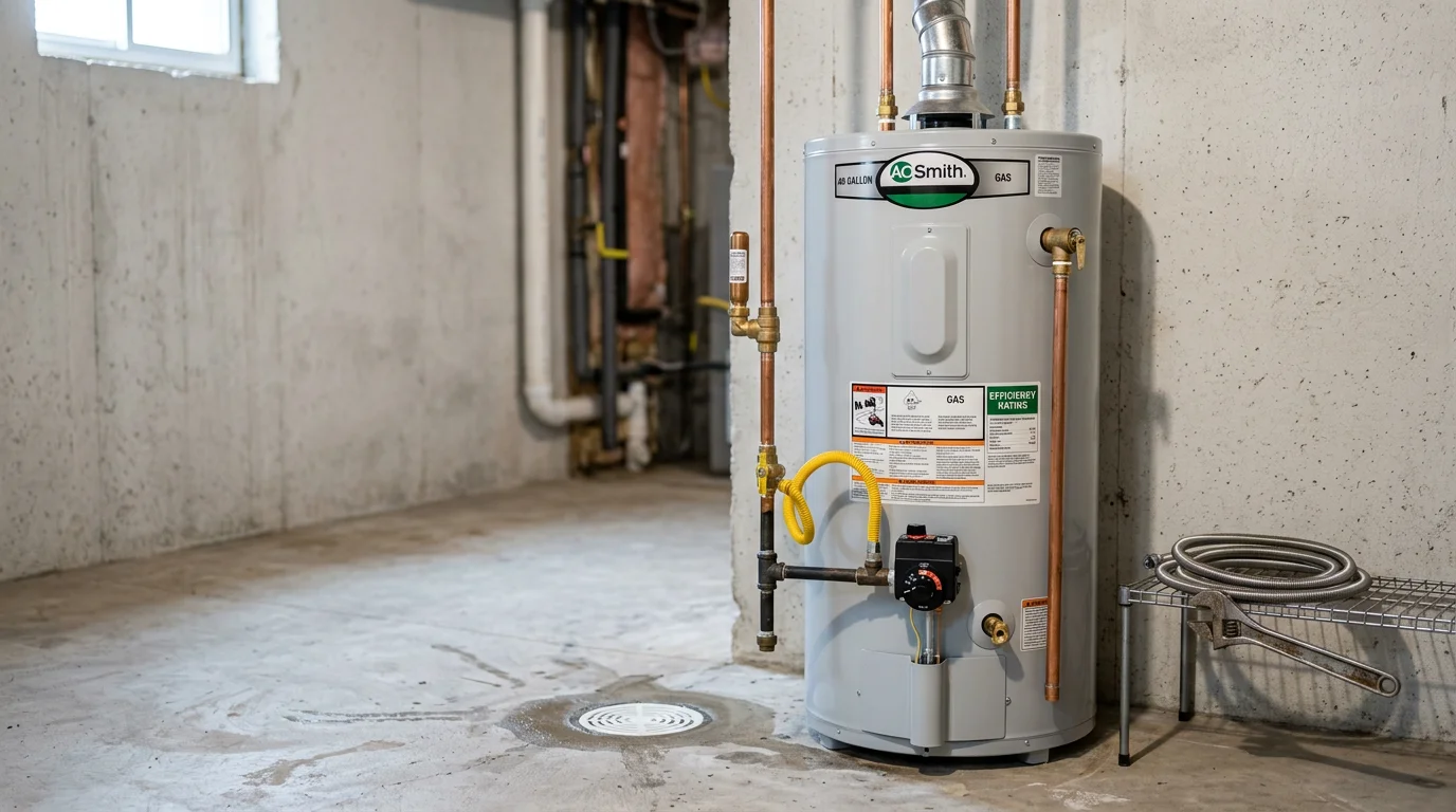 A newly installed hot water heater in a residential utility room in Selden, NY, with fresh pipe connections and a clean surrounding work area. A plumber from First Choice Plumbing & Heating completes the final connection check on the unit.