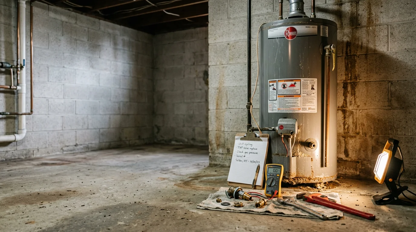 A plumber inspecting a tank-style hot water heater in the utility room of a single-family home in Selden, NY. The technician is checking the pressure relief valve and connections during a repair service call.