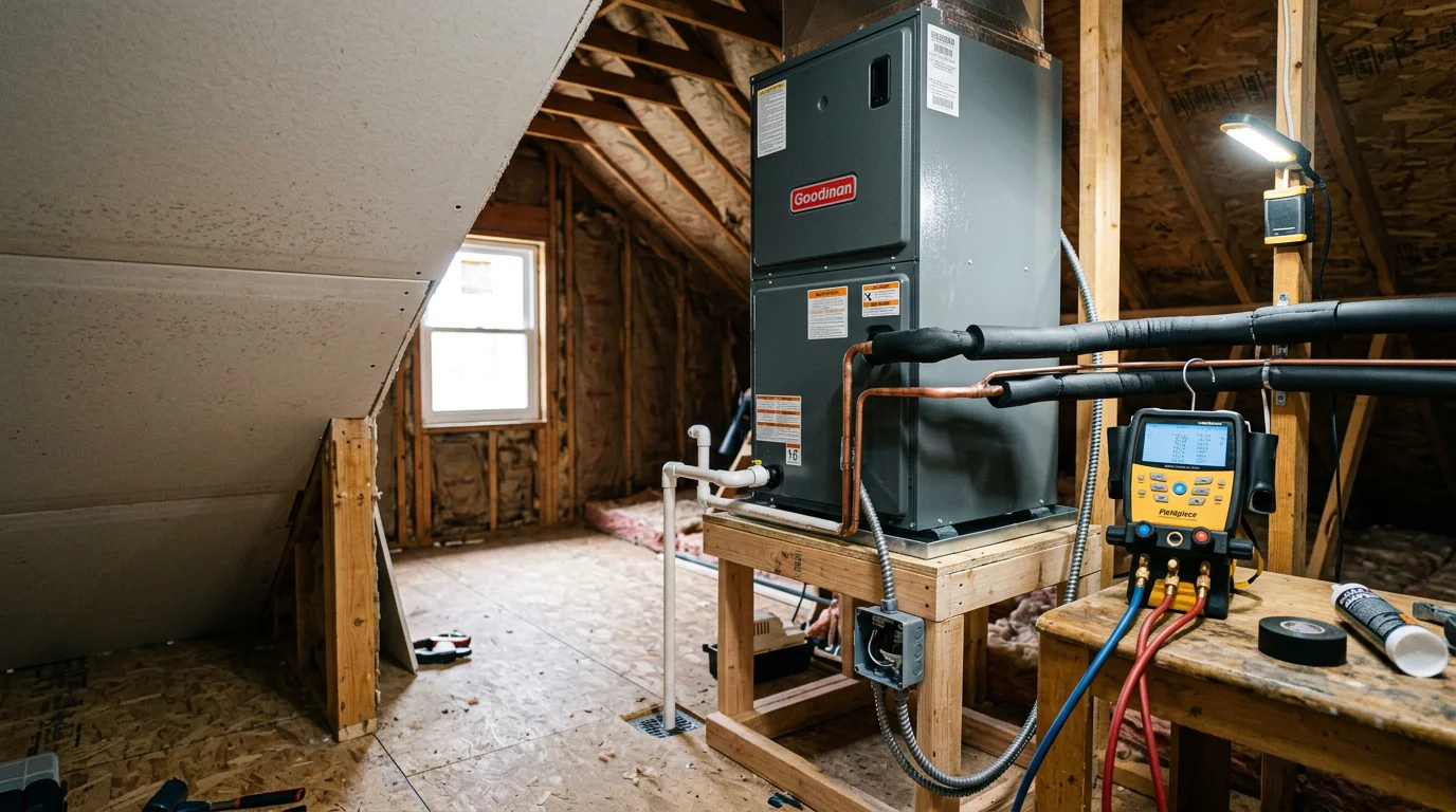 A newly installed HVAC system in a residential home in Selden, NY, with clean indoor air handler connections and properly routed ductwork visible in a utility room setting.