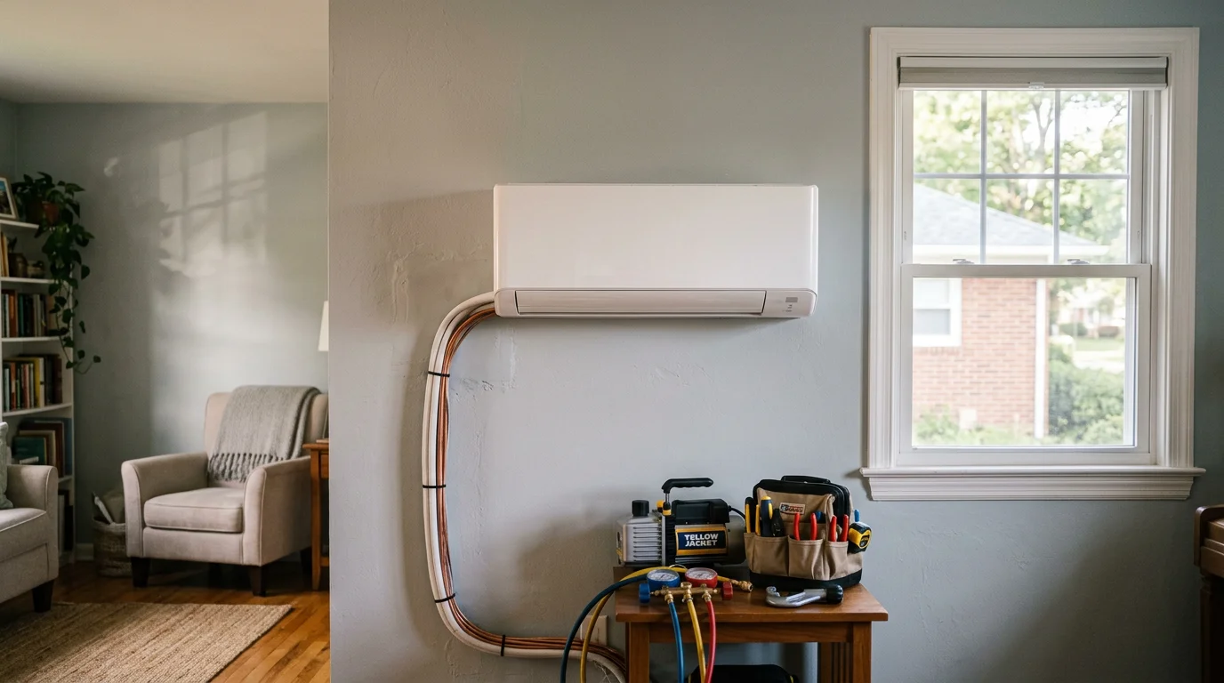 A wall-mounted ductless mini-split indoor air handler installed in a finished room of a Suffolk County home. The outdoor compressor unit sits on a ground pad beside the exterior wall of a residential property in Selden, NY.
