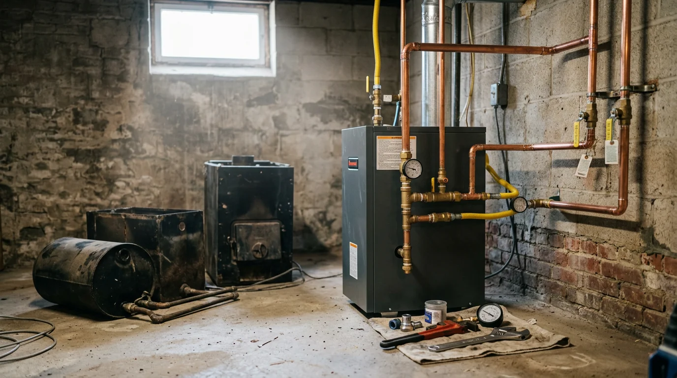 A newly installed natural gas heating system in a Suffolk County home basement, with clean copper gas piping connections replacing a removed oil burner setup. The work reflects a completed oil-to-gas conversion in the Selden, NY area.