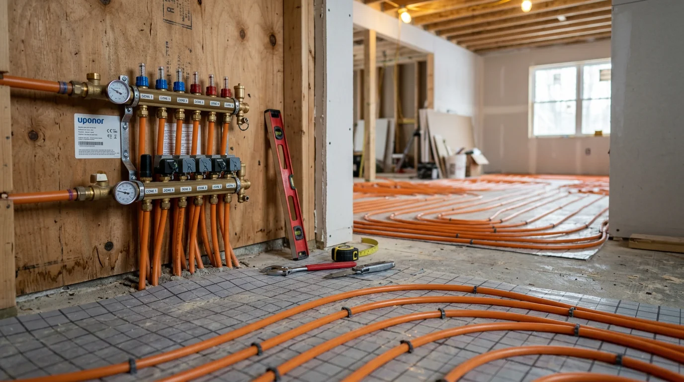 A residential living room floor in Selden, NY with a radiant heat system installed beneath tile flooring. A technician from First Choice Plumbing & Heating connects tubing to a manifold during a radiant heat installation in a Suffolk County home.