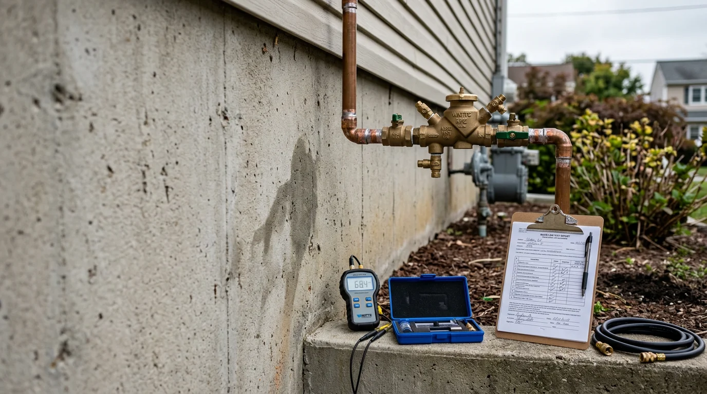 A plumber connecting calibrated test gauges to an RPZ backflow prevention device installed on a residential water line in Selden, NY. The device is mounted on copper piping in a utility area, with the tester checking pressure readings during the annual compliance inspection.
