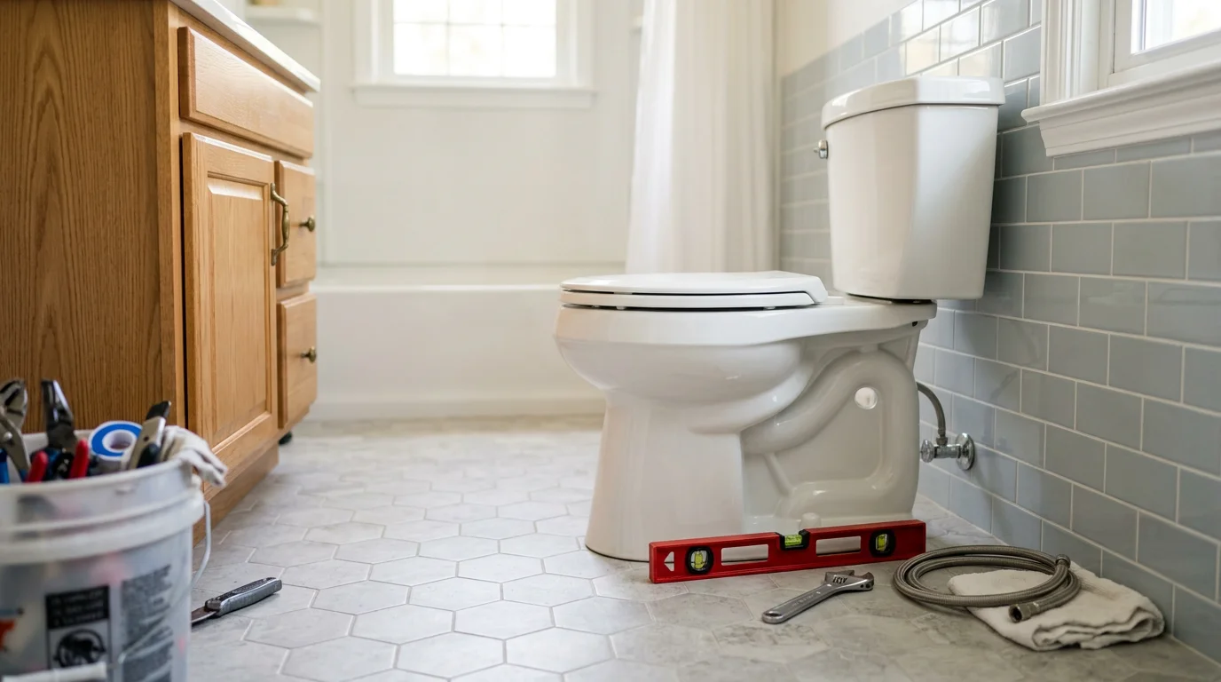 A plumber completing a toilet installation in a single-family home bathroom in Selden, NY, with the new toilet set level and supply line connected. The finished installation shows a clean, properly sealed base with no visible gaps between the toilet and the tile floor.