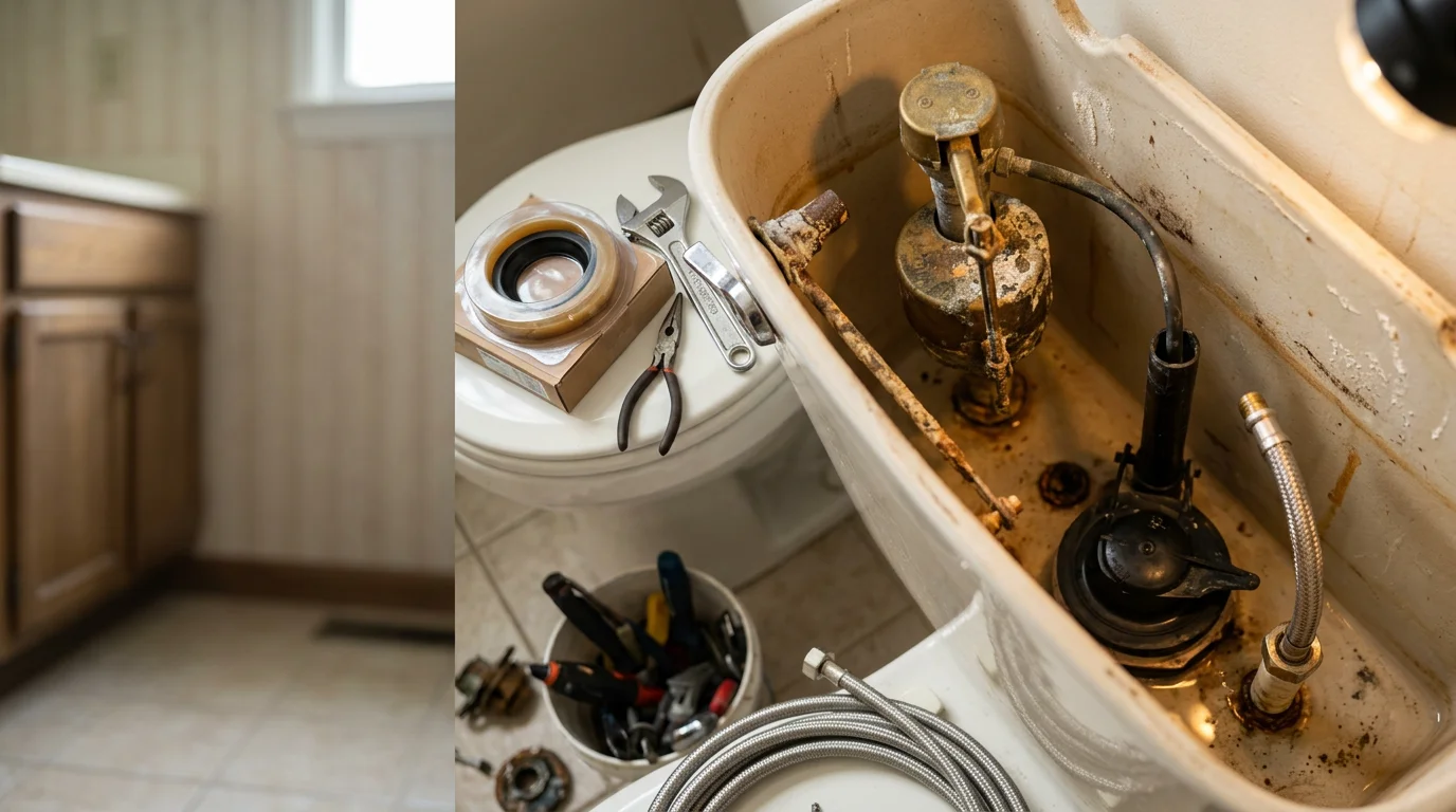 A plumber repairing the internal tank components of a residential toilet in a Selden, NY home. The work area shows the tank lid removed and fill valve being inspected.