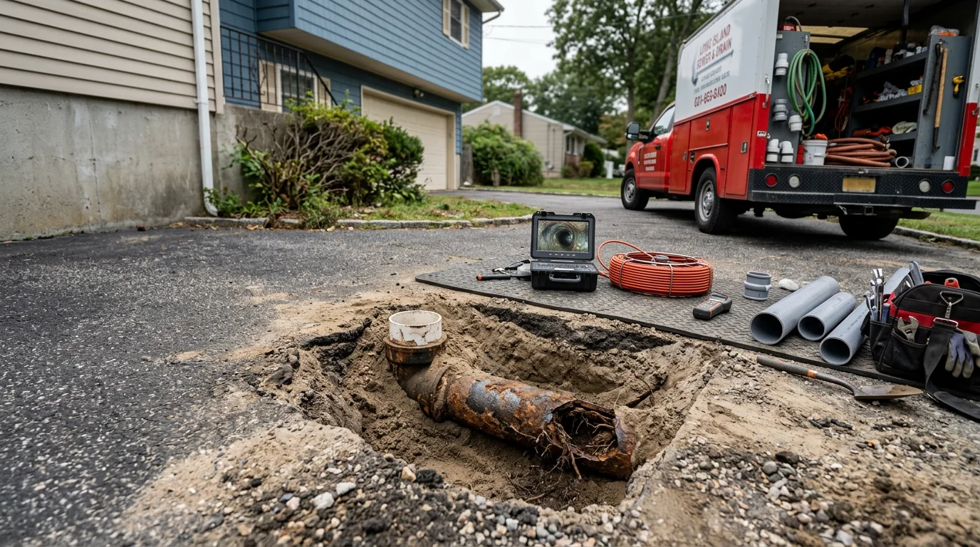 A plumber inspecting an exposed residential waste line in a Suffolk County yard near Selden, NY, showing a section of damaged pipe with visible root intrusion being prepared for repair.