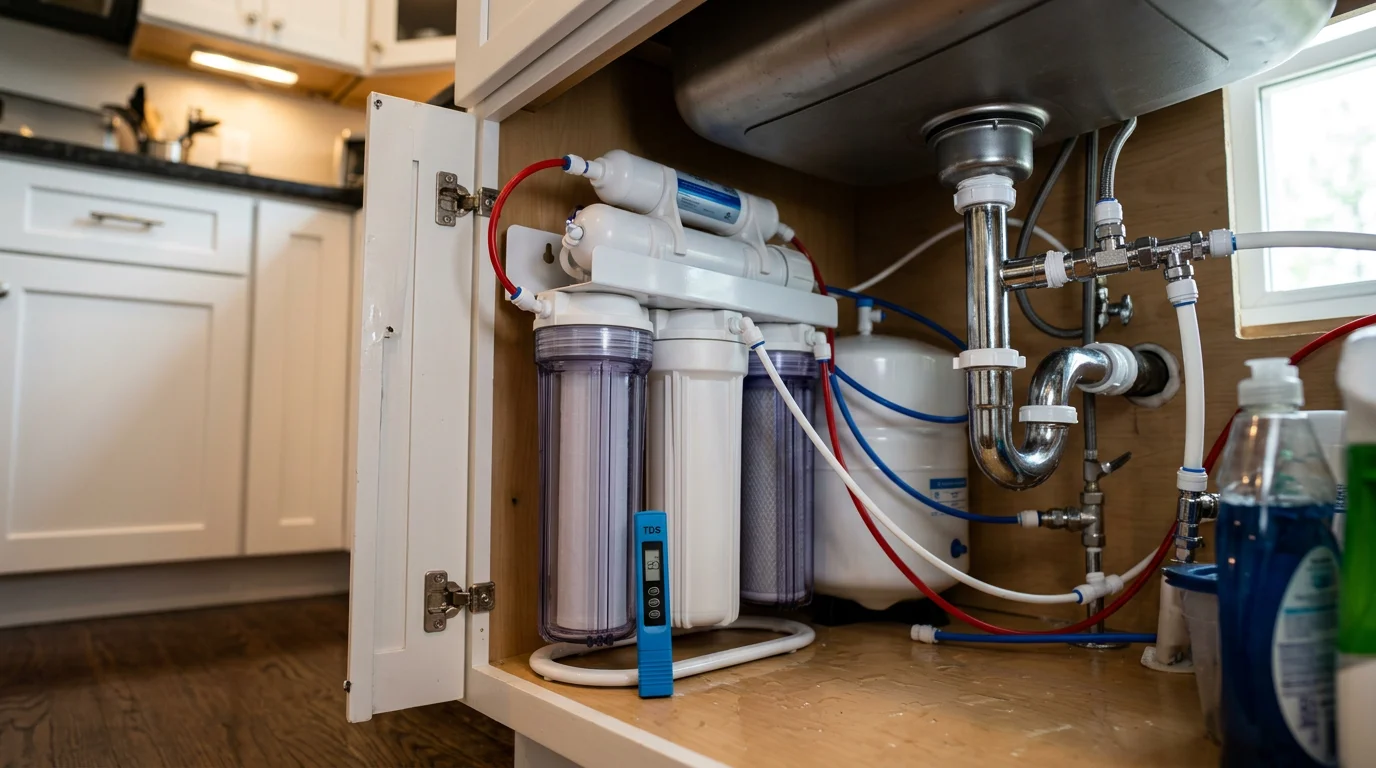 A whole-house water filtration system installed on the main water line inside a Suffolk County home near Selden, NY. The unit is mounted neatly against the wall with clean plumbing connections and a filter housing visible.