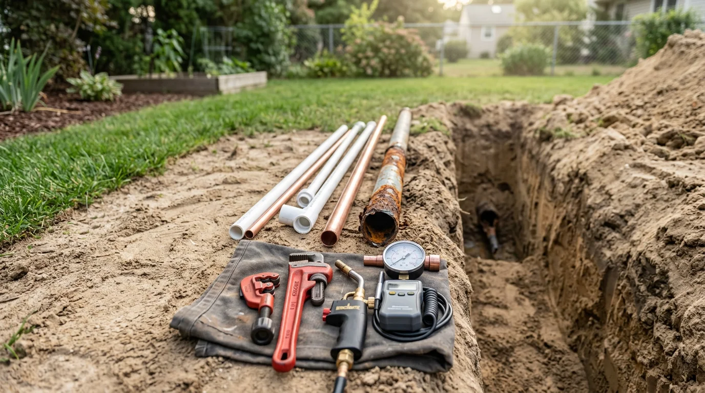A plumber inspecting an exposed underground water supply line in a residential yard in Selden, NY. The surrounding soil has been carefully excavated to reveal a corroded pipe section awaiting repair.